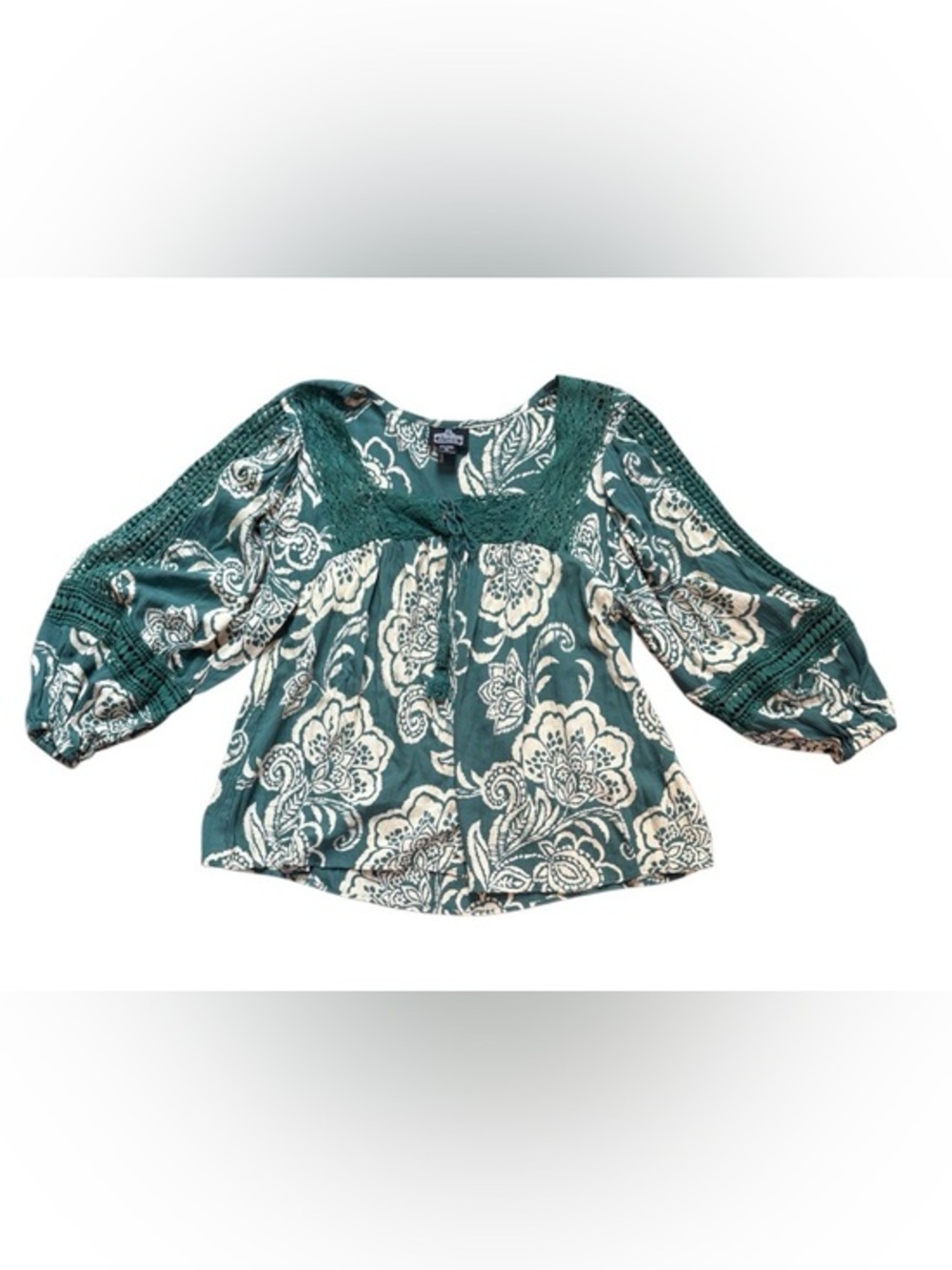 Boho Chic Peasant Crochet Lace Paisley Blouse Teal Green M Cottagecore Prairie - Picture 2 of 5
